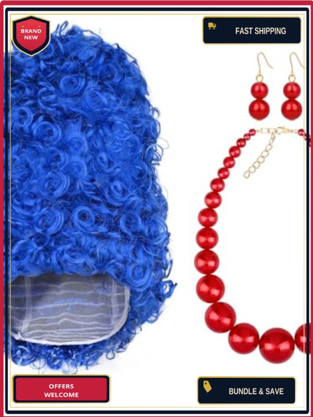 3 Piece Halloween Costume Set Curly Wig Necklace Earrings Cosplay Party